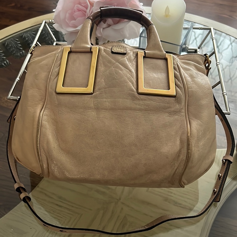 Chloe’ Crossbody Tote bag Cream w/Gold accents Adjustable strap w/COA GUC